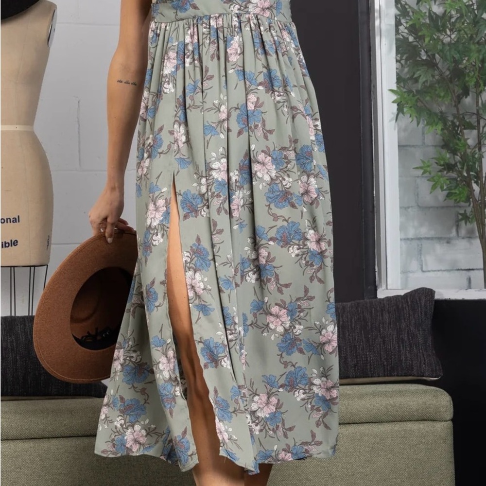 Blue and Pink A-Line Midi Dress with Slit